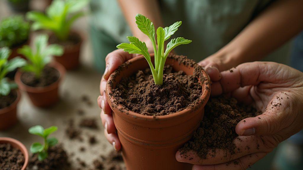 Preparando o solo e o vaso antes de plantar hortelã